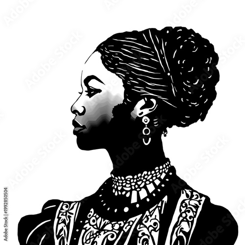 Silhouette portrait of a beautiful Black woman with elegant hairstyle and jewelry, profile vector illustration for Juneteenth, Black History Month, and African heritage
