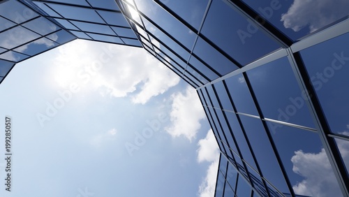 Modern glass building facade with skyscraper office window reflection cloud and blue sky city corporate exterior architecture, 3d rendering