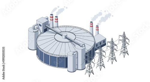 Industrial power generation plant with cooling towers and transmission lines, symbolizing energy production and infrastructure development in a modern world