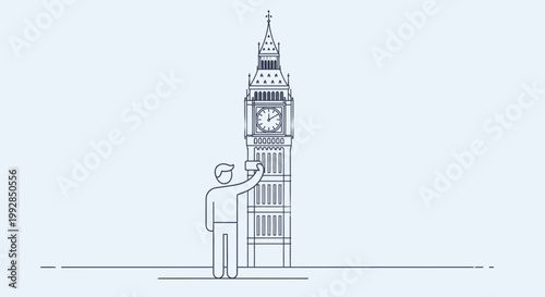 Line drawing of a man gesturing towards Big Ben with a minimalist design on a light blue background.