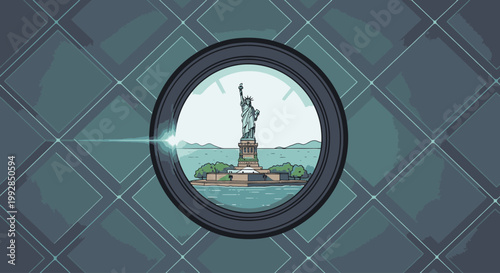 Illustration of the Statue of Liberty through a porthole with a greenish-blue background and a diamond pattern.