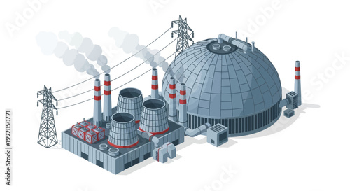Isometric illustration of a power plant, featuring cooling towers and transmission lines, symbolizing industrial energy generation and vital infrastructure