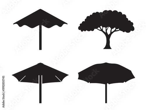 Silhouette icons of umbrellas and tree canopy vector illustration