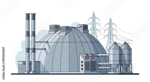 Industrial power plant vector illustration with dome buildings, smokestacks, and high-voltage pylons, representing modern energy infrastructure and generation