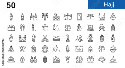 Comprehensive collection of Hajj and Umrah pilgrimage outline icons, depicting sacred journey elements, Islamic religious symbols, and cultural customs in vector format