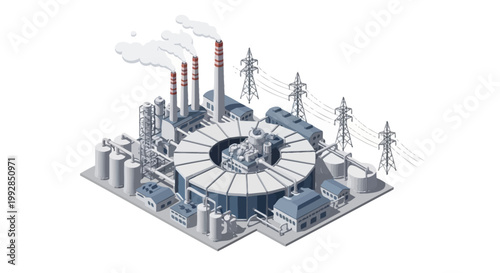 Modern Industrial Facility with Circular Building and Smokestacks, Illustrating Energy Production and Manufacturing Processes