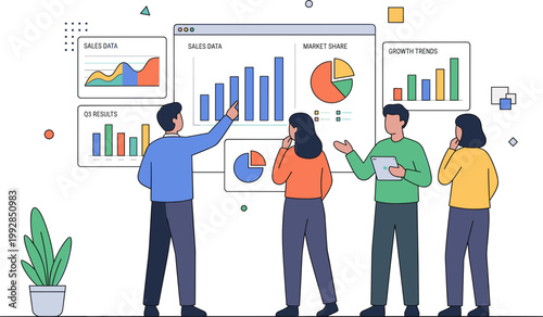 People discuss graphs and charts in an office setting with coworkers
