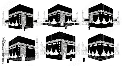 Illustrations of the Kaaba from multiple angles, a sacred Islamic pilgrimage site