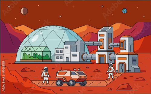 Astronauts explore Mars colony with futuristic domed habitat and vehicle