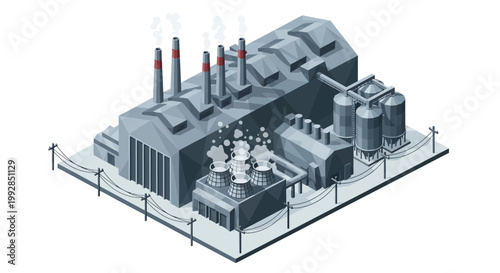 Industrial factory complex with smoking chimneys, silos, and manufacturing buildings, isometric illustration of a large industrial site with pollution output