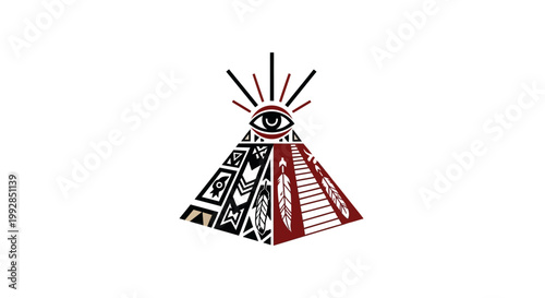 Mystical Pyramid Eye Symbol with Native American Patterns and Feathers