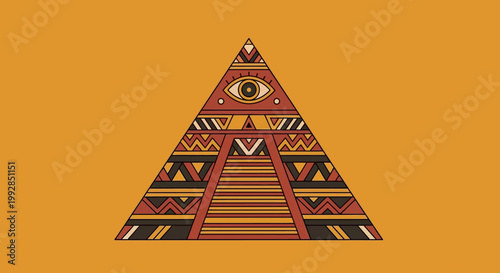 Mystical Pyramid with All-Seeing Eye, Tribal Patterns, Ancient Symbolism, Orange Background