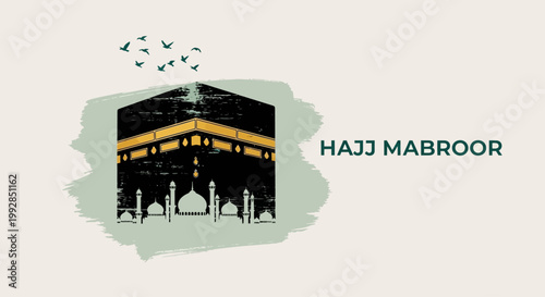 Stylized illustration of the Kaaba, the holy site of Islamic pilgrimage, with birds soaring above, representing a blessed spiritual journey