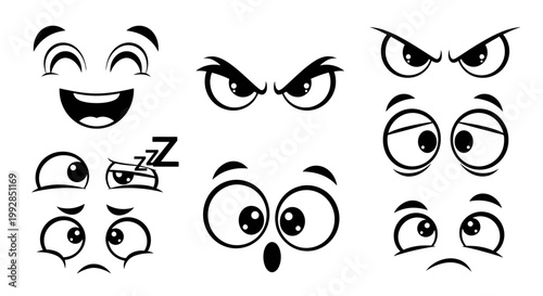 A collection of cartoon faces and eyes with various emotions.