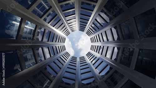 Modern glass building facade with skyscraper office window reflection cloud and blue sky city corporate exterior architecture, 3d rendering