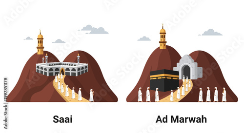 Illustrations of Islamic Pilgrimage Rituals Saai and Ad Marwah
