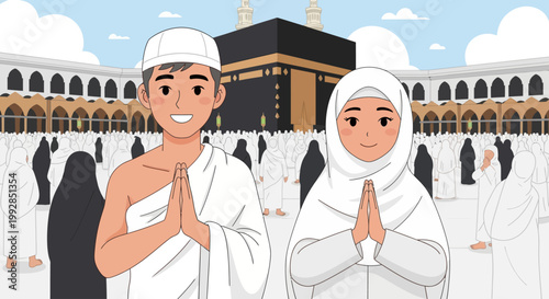 Muslim couple in ihram at Kaaba, performing Hajj pilgrimage