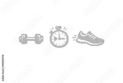 Minimalist fitness icons set with dumbbell, stopwatch and running shoe. Grey workout symbols for gym training, cardio exercise and athletic lifestyle.
