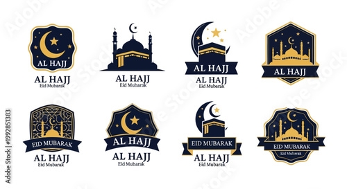Collection of Eid Al-Hajj and Eid Mubarak graphic badges and icons with Islamic symbols