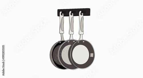 Three modern non-stick frying pans with metallic handles hanging on a black wall rack, isolated on a clean white background, ideal for kitchen, cooking, and culinary concepts.