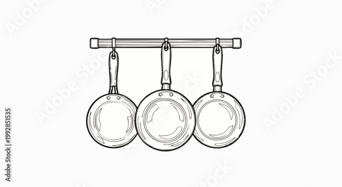 Hand-drawn line art illustration of three classic frying pans hanging neatly on a kitchen rack, perfect for culinary projects, cooking blogs, and restaurant decor.