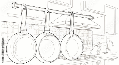 Detailed line art drawing of three saucepans hanging on a rail above a modern kitchen stove, perfect for cooking themes and kitchen design.