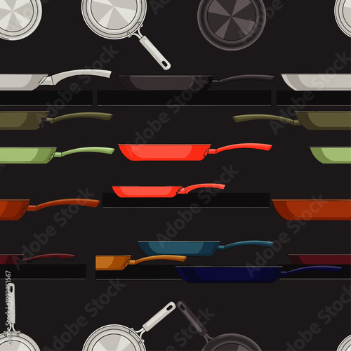 Seamless pattern of various colorful frying pans and saucepans on dark shelves, perfect for kitchenware backgrounds, cooking blogs, or culinary designs.
