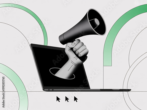 A hand emerges from a laptop screen holding a megaphone for communication and announcement