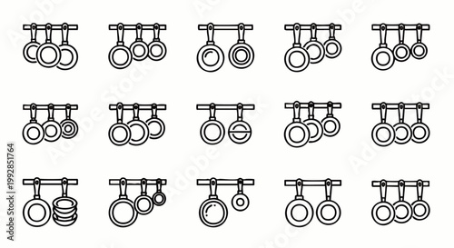 Set of measuring spoons in different sizes, line art icons for cooking and baking, isolated on white background