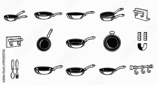 Collection of Frying Pans and Kitchen Utensils in Various Styles and Angles, Black and White Line Art