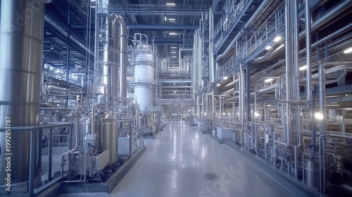 Vast Industrial Plant Interior with Distillation Towers