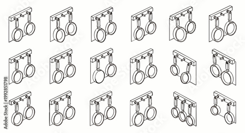 Set of identical medical vision test charts with multiple lenses for eye examination, isometric view