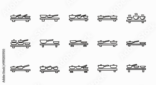 Collection of various kitchen pots, pans, and cooking utensils arranged on shelves, presented as a set of modern outline icons for culinary design.