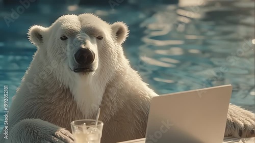 Polar Bear Working on Laptop While Relaxing in a Swimming Pool