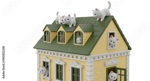 Cute Kittens Peeking Out of a Yellow House