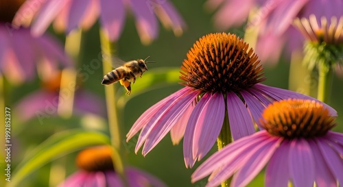 Bee flying near purple coneflower blooms.