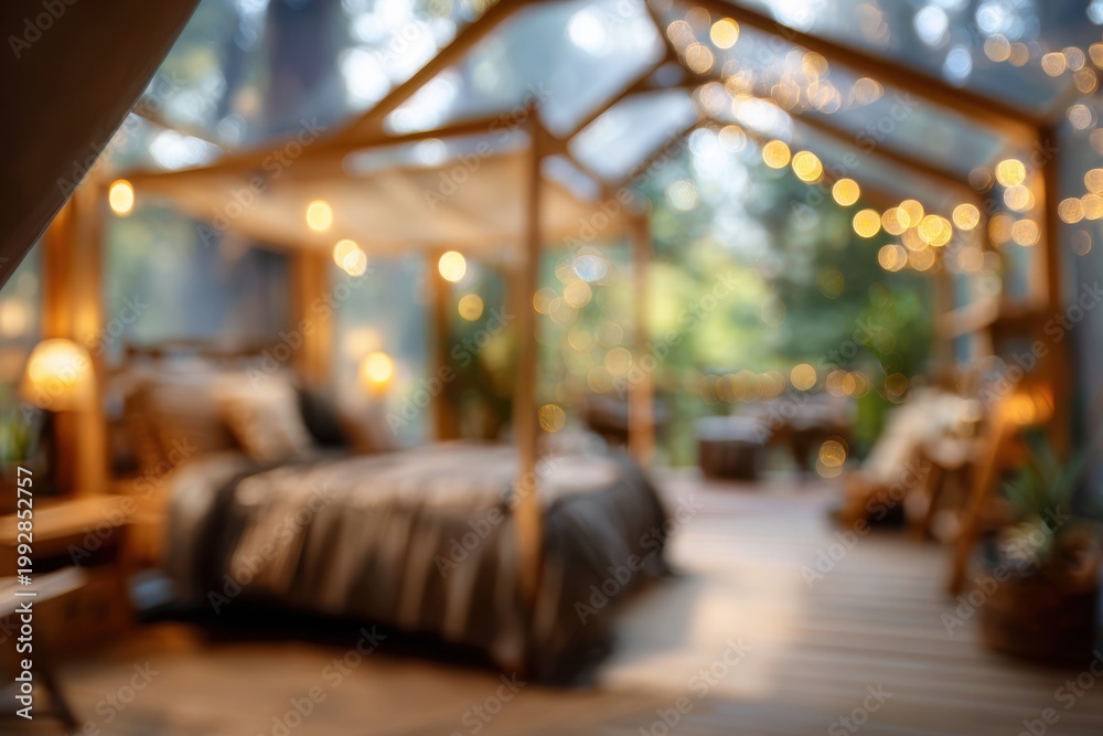 Naklejka premium Blurred glamping interior with cozy luxury camping atmosphere