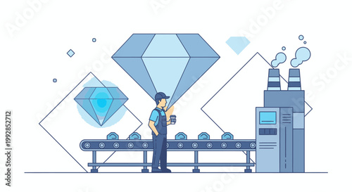 Illustration of a worker inspecting a large diamond on a conveyor belt in a factory with a machine and geometric shapes in shades of blue.