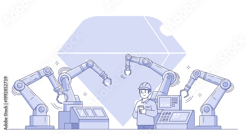 An industrial worker operates machinery alongside robotic arms in a factory setting with a large house outline in the background.
