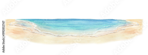 Watercolor horizontal beach seascape isolated illustration no background. Ocean coast with sand clip art for tropical and summer designs in bright blue and turquoise colors. Hand drawn French Riviera