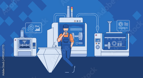 Illustration of a worker in overalls standing next to industrial machinery with various control panels and a large diamond-shaped object in a factory setting with a blue background.