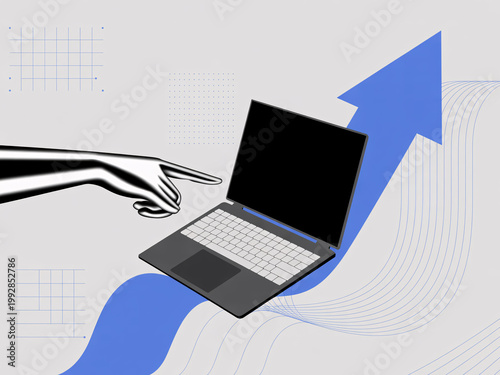 A hand interacting with a laptop on a background with a rising blue arrow and graph lines