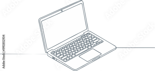 High quality professional vector line art illustration of a modern laptop notebook computer with a clean keyboard and trackpad design for technology, remote work, freelance business