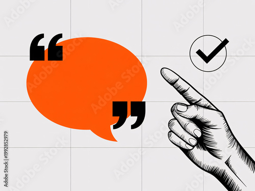 A hand pointing to a checkmark next to a large quotation mark in a graphic design