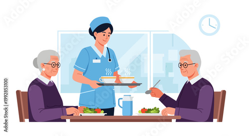 Nurse Providing Nutritious Meals to Elderly Couple in Assisted Living Home, Caring Healthcare Concept Illustration