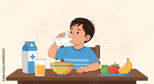 Young Boy Drinking Milk with Healthy Breakfast in Kitchen, Cartoon Illustration of Kid Having Nutritious Meal with Cereal, Fruits, and Orange Juice