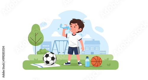 Little Boy Drinking Water and Staying Hydrated After Playing Sports Vector Illustration