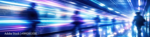 People moving fast through futuristic subway station with neon light trails, motion blur effect, urban transportation, high speed, technology, future, digital city, connectivity, transit