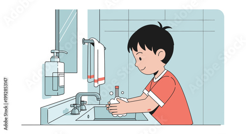 Young Boy Washing Hands with Soap in the Bathroom Illustration for Hygiene and Health Education