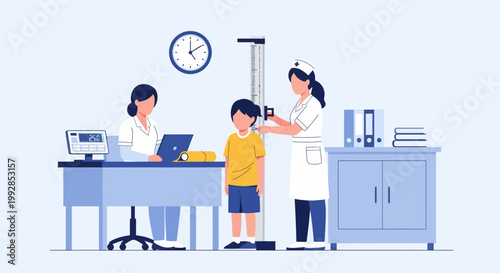 Pediatric Health Check-Up Vector: Nurses Measuring Child's Growth, Height, and Weight in a Modern Medical Office Clinic